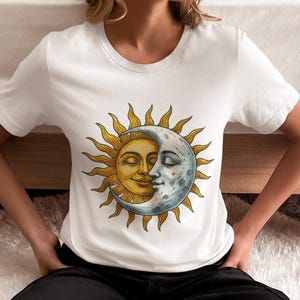 Sun and Moon Face Unisex T-Shirt, Vintage Celestial Graphic Shirt for Men & Women, Boho Cosmic Spiritual Gift Top, Astrology Art Tee