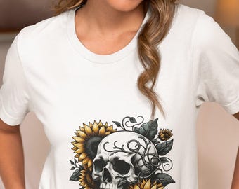 Gothic Skull with Sunflowers T-Shirt,Floral Skeleton Graphic Tee,Edgy Floral Shirt,Unique Dark Gothic Shirt,Sunflower Skull Top Gift Idea