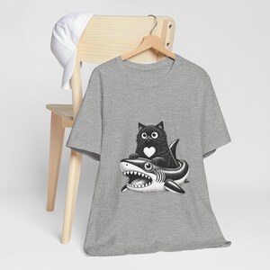 Cute Black Cat Riding Shark Inflatable T-Shirt, Funny Gothic Cat Shirt, Kawaii Cat Lover Gift, Shark Float Cat Tee, Unisex Cat Graphic Top