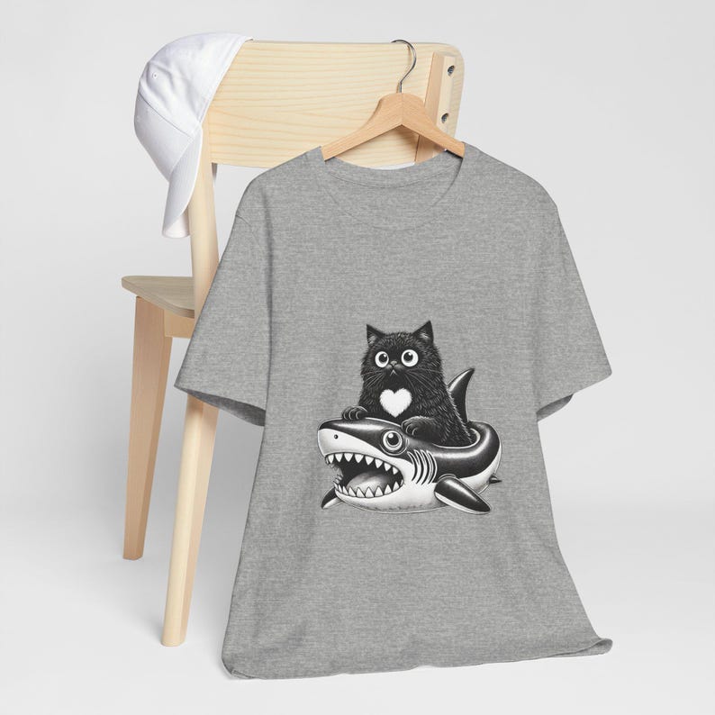 Cute Black Cat Riding Shark Inflatable T-Shirt, Funny Gothic Cat Shirt, Kawaii Cat Lover Gift, Shark Float Cat Tee, Unisex Cat Graphic Top