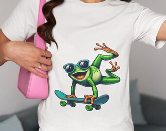 Cool Frog Skateboarding T-Shirt,Funny Frog with Sunglasses Tee,Unique Amphibian Gift,Cute Frog Skater Shirt,Unisex Casual Top for Frog Lover
