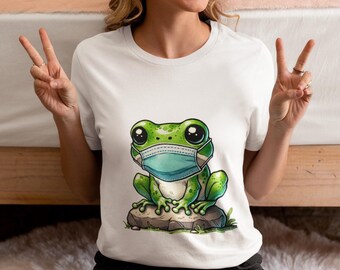 Frog Wearing a Face Mask Unisex T-Shirt, Cute Frog Lover Novelty Tee Gift, Quirky Amphibian Humor Top, Nature Inspired Casual Unique Top
