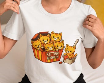 Funny Kitten Nuggets T-Shirt, Cute Kawaii Cat Nugget Box Graphic Tee, Whimsical Unisex Shirt for Cat Lovers, Foodies & Animal Pun Fans