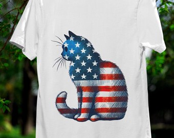 Patriotic American Flag Cat T-Shirt - 4th of July USA Pride Tee - Vintage Feline Independence Day Design - Unisex Cat Lover Shirt Gift