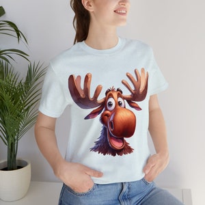 Unique Watercolor Moose Head T-Shirt - Unisex DTG Print Shirt - Artistic Cartoon Style Tee Top for Men & Women - Nature-Inspired Fashion Tee