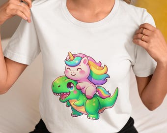 Unicorn Riding Dinosaur T-Shirt - Cute Fantasy Tee for Kids & Adults - Whimsical Rainbow Design - Perfect Gift for Unicorn, Dinosaur Lover