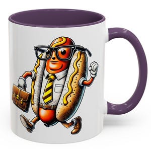 Business Hot Dog Mug, Cool Office Worker Sausage Coffee Cup, Quirky Food Humor Gift, Retro Cartoon Illustration, Unique Work Desk Drinkware