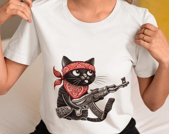 Unisex Funny Gangster Cat T-Shirt, Black Cat with Bandana & Rifle, Cool Unisex Graphic Tee, Retro Cat Lover Shirt, Edgy Pet Humor Gift Top