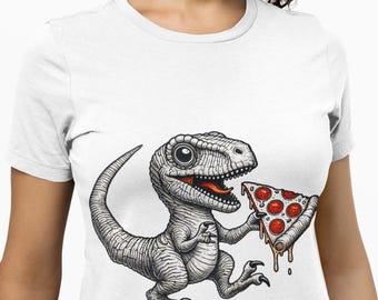 Unisex Funny Dinosaur Eating Pizza T-Shirt, Velociraptor Graphic Novelty Tee with Quirky Design, Foodie Humor Shirt, Cool Trendy Dino Top