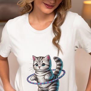 Chubby Gray Tabby Kitten Hula Hooping Unisex T-Shirt,Cute Cat Lover&#39;s Novelty Tee,Perfect Shirt Gift for Pet Lover,Top Gift Idea for Her/Him