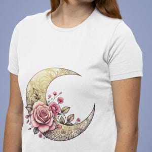 Bohemian Crescent Moon T-Shirt with Floral Pattern, Unisex Artistic Rose Graphic Tee Top, Vintage-Inspired Romantic Moon Shirt for All Sizes