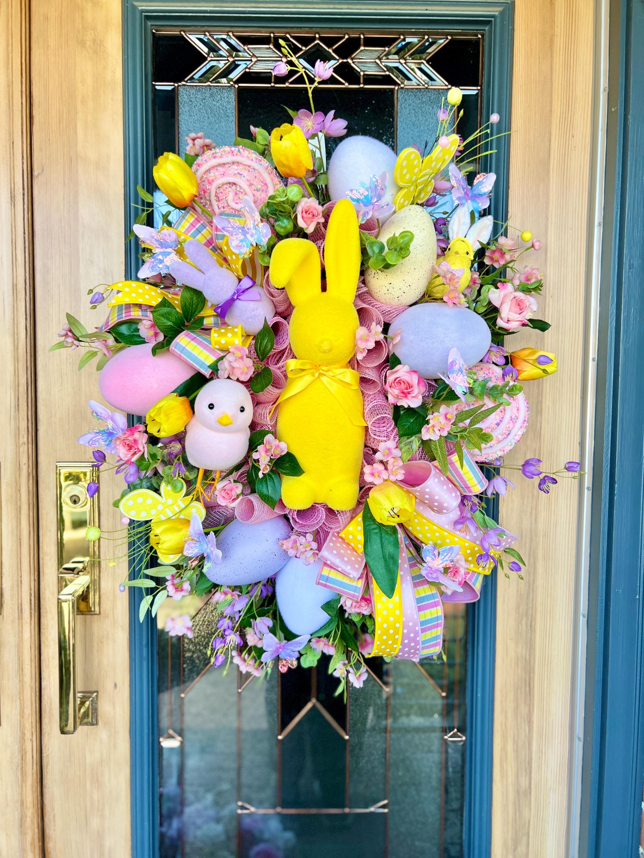 Easter Bunny Wreath, Spring Bunny Door Wreath, Pastel Easter Egg Wreath