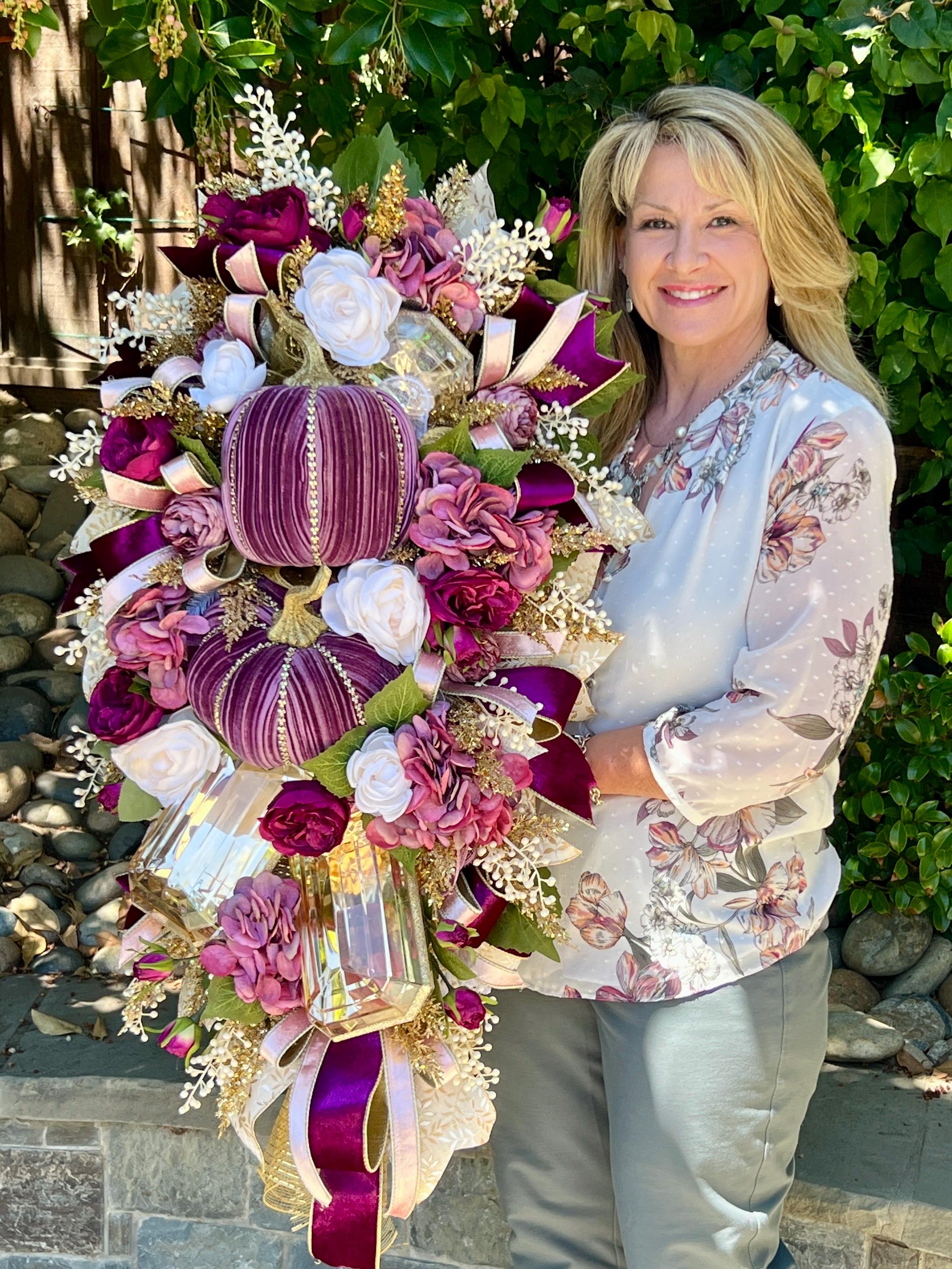 XXL Velvet Pumpkin Wreath: Purple Burgundy Fall Door Decor
