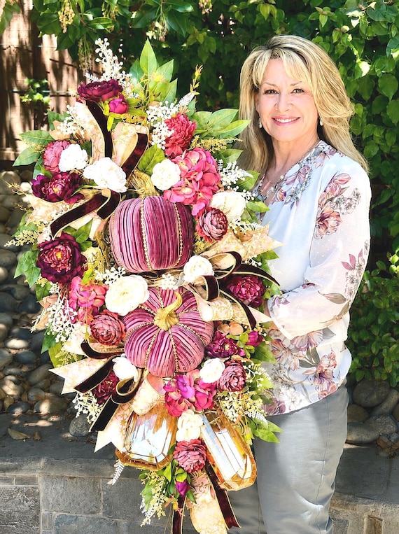 XXL Velvet Pumpkin Wreath: Purple Burgundy Fall Door Decor, Festive Floral Decor