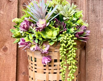 Succulent basket front door, artificial succulent wreath,  succulent wreath for gifts, mothers day, elegant everyday wreath wall decor.
