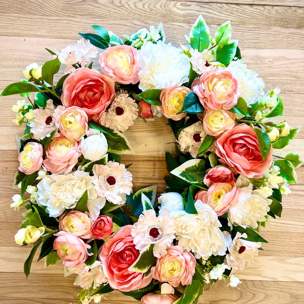 Spring Front Door Wreath, Housewarming Home Decor, Spring Summer Wall Decor,  Spring Floral Wreath, Gift for Anniversary, Birthday & Mom