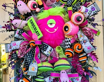 Halloween Monster Wreath, Pink Monster Door Hanger, Spooky Eyeball Wreath, Whimsical Halloween Decor, Front Door Wreath
