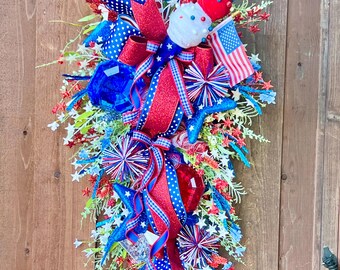 Patriotic Firecracker Swag Wreath – Red White Blue Door Decor, 4th of July Wreath, Americana Front Door Swag, Memorial Day Decor