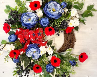 Floral Patriotic Wreath For Front Door, Red White and Blue Flower Wreath, Summer Farmhouse Wreath, 4th of July Wreath, Fourth of July Decor