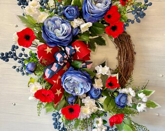 Floral Patriotic Wreath For Front Door, Red White and Blue Flower Wreath, Summer Farmhouse Wreath, 4th of July Wreath, Fourth of July Decor