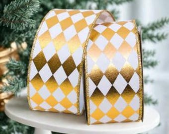 Gold Foil Jester Diamond Ribbon, Farrisilk Designer Ribbon, 2.5 Inch, 10 Yards