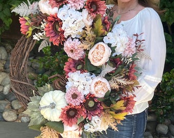 Large Fall Sunflower Wreath: Farmhouse Harvest Door Decor, Festive Floral Decor