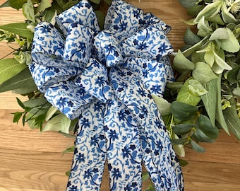 Chinoiserie Wreath Bow: Blue & White Ribbon, Elegant Home Decor