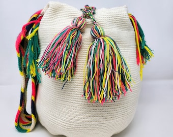 Plain large Wayuu bag Plain white with green white pink and black strap