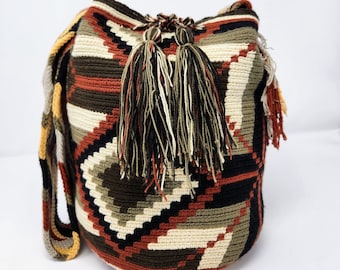 Multicolor large Wayuu bag brown black beige triangle and lines
