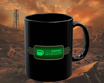 Fallout-Inspired Game Screen - "Coffee" Stats - Black Ceramic Mug with  - Pixel Art, Fun Player Stats