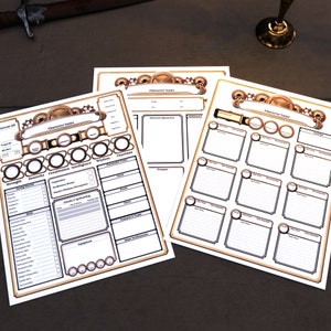 Hoja de personaje de DnD, quinta edición, para la noche de juegos de rol de mesa Hoja de personaje de Steampunk de 3 páginas
