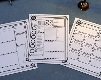 May include: Three white character sheets for a role-playing game, each with a black decorative border and a compass rose design. The sheets feature various sections for recording game information, including character stats and notes.