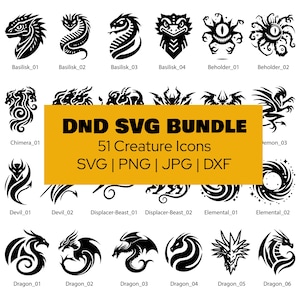 May include: A set of 51 black and white creature icons for Dungeons and Dragons (D&D) in SVG, PNG, JPG, and DXF formats. The icons include a basilisk, beholder, chimera, devil, displacer beast, elemental, and dragon.