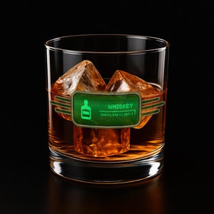 May include: A glass of whiskey with ice cubes and a green label that reads "WHISKEY  CHR +1, STR +1, INT -1"