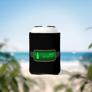 May include: Black neoprene can cooler with a green and gold graphic of a beer bottle and the text "GEER  CHD +1, STR +1, INT -1".