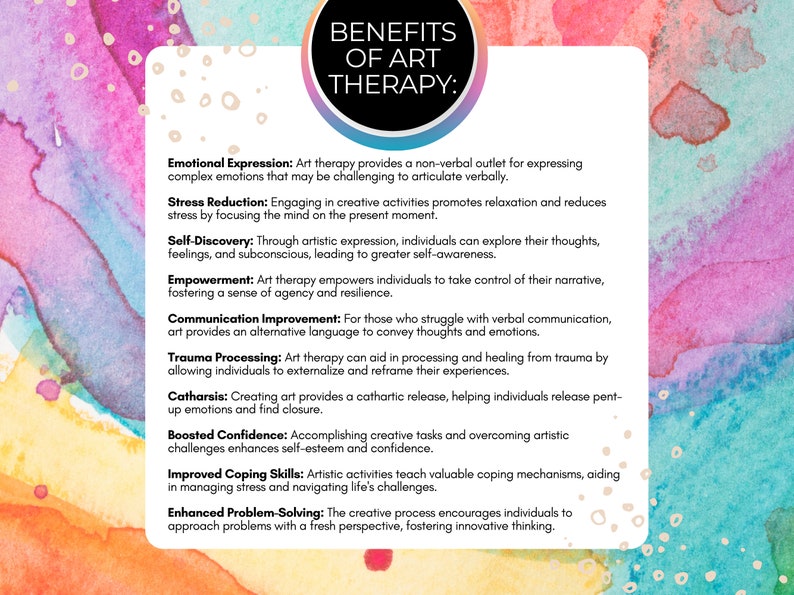 May include: A colorful infographic with the title "Benefits of Art Therapy" and a list of benefits including emotional expression, stress reduction, self-discovery, empowerment, communication improvement, trauma processing, catharsis, boosted confidence, improved coping skills, and enhanced problem-solving.