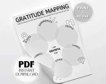Hoja de trabajo de mapas de gratitud: PDF imprimible de atención plena para una mayor satisfacción vital a través de la gratitud. Descarga digital instantánea.