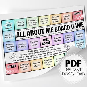 May include: A printable board game with a colorful design. The game is called "All About Me Board Game" and features questions about favorite things, memories, and personal interests. The game board has a start and finish square, and players move their game pieces around the board by rolling a dice.
