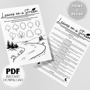 May include: Black and white printable worksheet with the title "Leaves on a Stream". The worksheet includes a drawing of a stream with leaves and instructions for a mindfulness exercise.