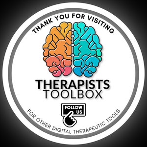 May include: A white circle with a gray border contains a colorful brain graphic with the text "THANK YOU FOR VISITING THERAPISTS TOOLBOX FOR OTHER DIGITAL THERAPEUTIC TOOLS" and a black button with the text "FOLLOW US" with a black hand pointing at the button.