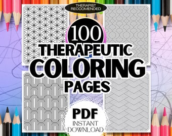 May include: A digital download of 100 therapeutic coloring pages in black and white. The text "100 Therapeutic Coloring Pages" is in bold black font. The text "PDF Instant Download" is in black font. The text "Therapist Recommended" is in black font.