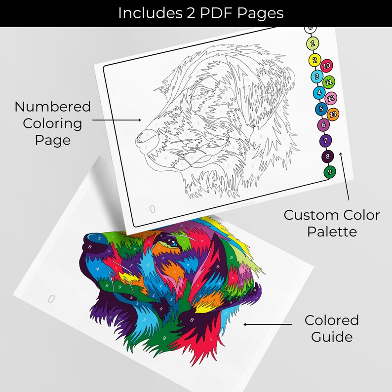May include: A color-by-number coloring page featuring a dog's head with a numbered outline. The second page shows the completed image with a color palette.