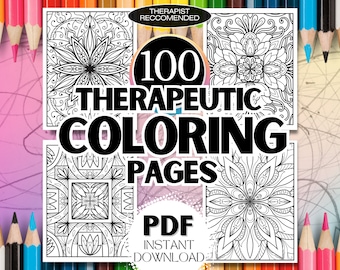 May include: A black and white image of 100 therapeutic coloring pages. The image shows four different designs, each with intricate patterns. The text "100 Therapeutic Coloring Pages" is in large, bold letters. The text "PDF Instant Download" is also visible.