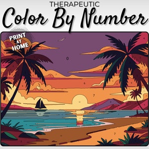 Può includere: Illustrazione da colorare per numeri di un tramonto su una spiaggia con palme, una barca a vela e una catena montuosa in lontananza. L'immagine è divisa in sezioni numerate per la colorazione.