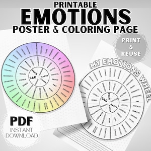 Póster y página para colorear de la rueda de las emociones para desarrollar una mayor conciencia emocional. PDF imprimible. Descarga digital instantánea
