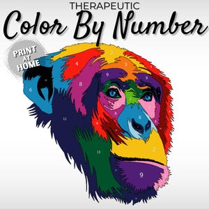 May include: Color by number printable featuring a colorful illustration of a monkey's face. The image is divided into numbered sections, each corresponding to a different color. The text "THERAPEUTIC Color By Number PRINT AT HOME" is at the top of the image.