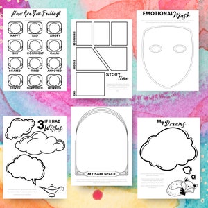May include: Black and white printable worksheets for kids featuring a variety of activities, including a mood tracker, story time, a safe space, and a dream journal. The worksheets are designed to help children explore their emotions, creativity, and imagination.