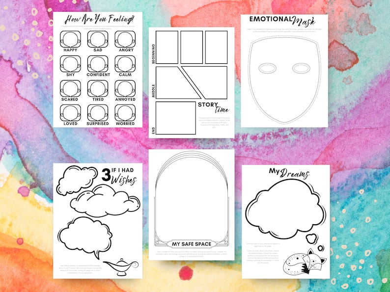 May include: Black and white printable worksheets for kids featuring a variety of activities, including a mood tracker, story time, a safe space, and a dream journal. The worksheets are designed to help children explore their emotions, creativity, and imagination.