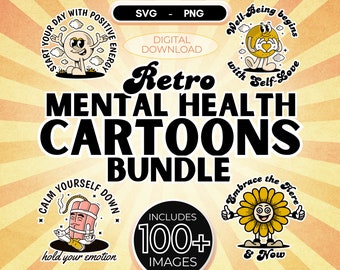 Retro geestelijke gezondheid en wellness-personages SVG/PNG-megabundel 100+ trendy esthetische afbeeldingen voor digitale downloads, perfect om te knutselen