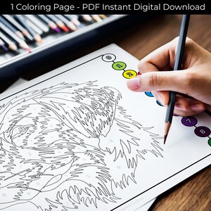 May include: A black and white line art coloring page of a dog's face. The page is numbered with different colors for each section to be colored in.
